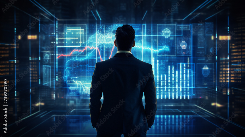 Business man standing in front of digital data visualization on virtual screen, behind view. high technology concept. Business man standing in front of digital data visualization on virtual screen, behind view. high technology concept.