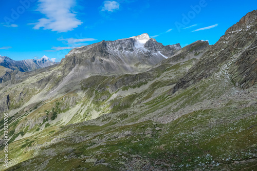 Panoramic view of majestic mountain peak of Gamskarlspitz in High Tauern National Park, Carinthia, Austria. Idyllic hiking trail in Austrian Alps. Hike paradise Mallnitz. Wanderlust in summer. Escape
