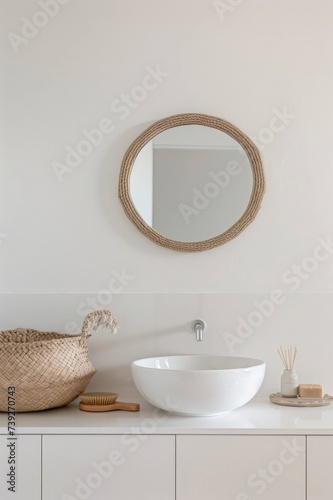 interior of a bathroom with a solid  smooth  white wall. Focus on sink and mirror  with the white wall behind the mirror visible