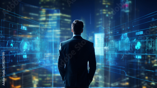 Business man standing in front of digital data visualization on virtual screen, behind view. high technology concept. photo