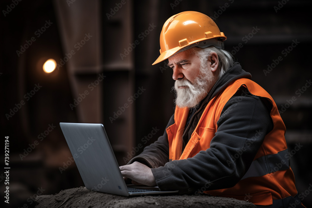 Senior construction worker or engineer with white beard working with laptop on construction site or factory room. serious face looking at the screen. Senior construction worker or engineer with white beard working with laptop on construction site or factory room. serious face looking at the screen.