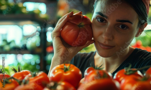 The saleswoman of the vegetable department holding a tomato