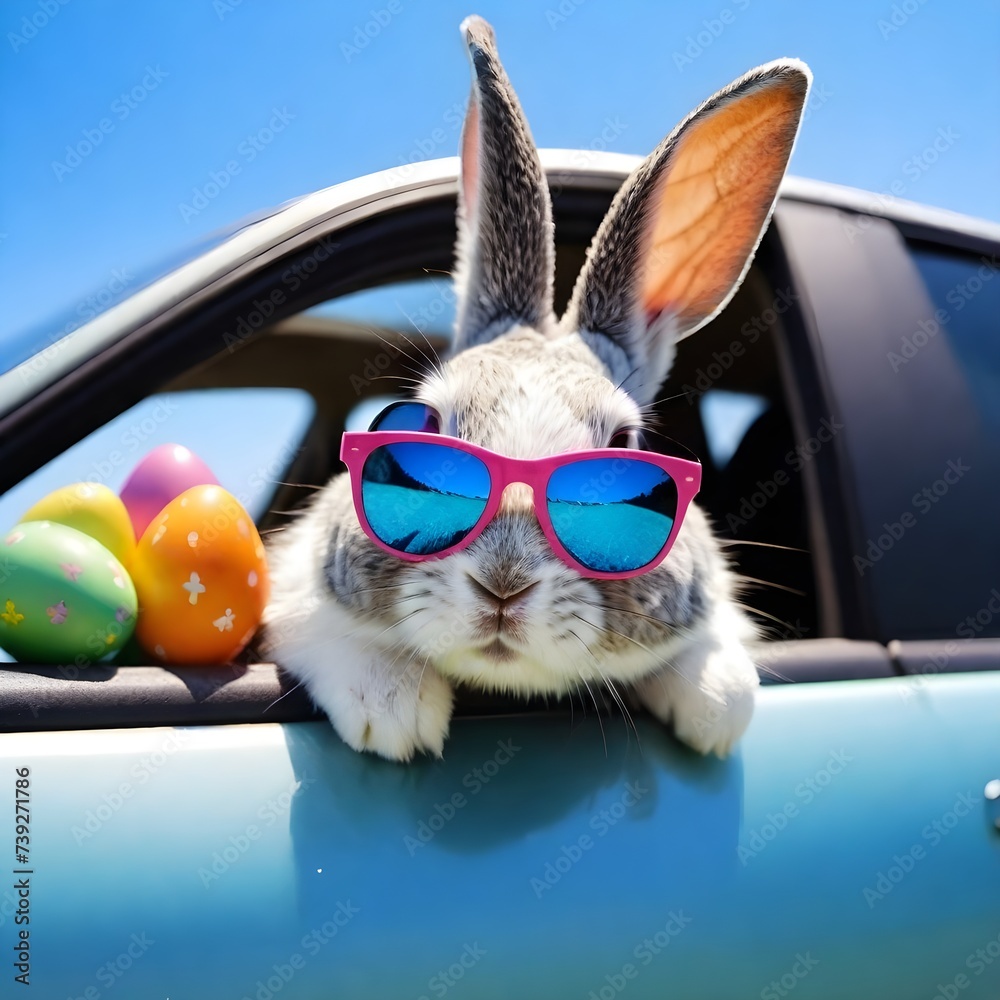 A rabbit with sunglasses looking out of a car window with three colorful Easter eggs on the car door, under a sunny sky