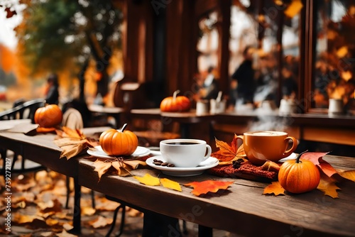 Autumn fall charming coffee shop or cafe with steaming cups of coffee and autumn decor, cozy autumn welcoming atmosphere. Warm Beverages, hot drinks Cups of steaming coffee on cafe table outdoor