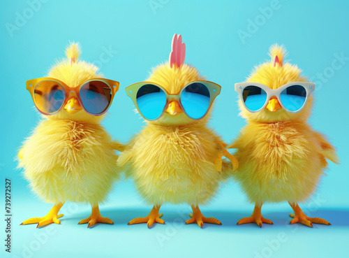 three chicken with sunglasses on blue background