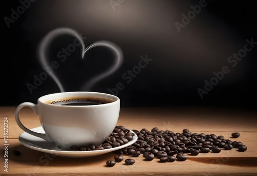 A black coffee tea with steam in the shape of a heart, scattered coffee beans on a wooden surface with a light gray background