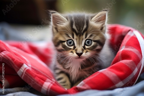 Cute Kitten Wrapped in Red and White Blanket © spyrakot