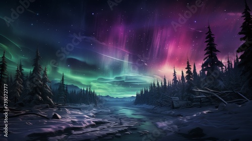 Aurora Borealis illuminating the night sky over a snowy landscape, pine trees in silhouette, vibrant green and purple lights, showcasing the magic of polar ligh photo