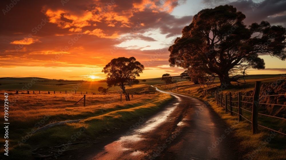 An old wooden fence meandering along a country lane, the setting sun casting a warm, golden glow over the meadows, the scene a picturesque embodiment of peacefu