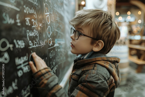 A boy wearing glasses and doing a math problem on a chalkboard