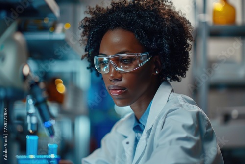Female scientist engaged in groundbreaking research detailed portrait of scientific discovery and analysis in fields like chemistry biology and medicine showcasing expertise with various lab