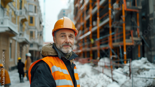 Portrait of a foreman or worker against the backdrop of a construction site. Construction site manager wearing a hard hat and safety vest. A satisfied manager looks at the camera. AI generative