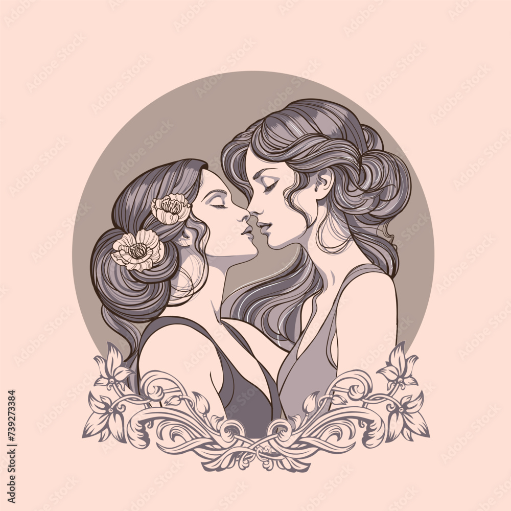 Sensual definitely in love same-sex couple of two girlfriends. Erotic sexual tension in anticipation of a kiss. Vector poster, postcard made in retro Art Nouveau style. Happy Valentine's Day - obrazy, fototapety, plakaty 