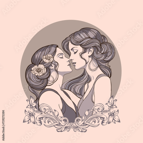 Sensual definitely in love same-sex couple of two girlfriends. Erotic sexual tension in anticipation of a kiss. Vector poster, postcard made in retro Art Nouveau style. Happy Valentine's Day