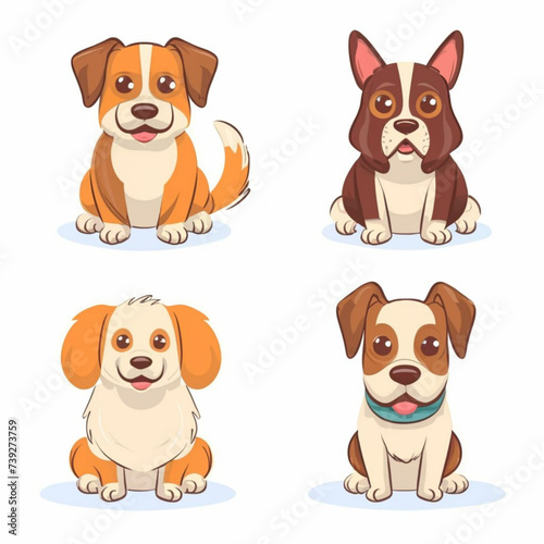 Cute dogs doodle vector set. Cartoon dog or puppy characters design collection with flat color in different poses. Set of funny pet animals isolated on white background