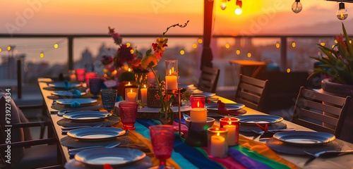 A festive table on a rooftop terrace, adorned with candles and colorful decorations at sunset.