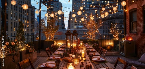 A picturesque rooftop scene, showcasing a festive table with elegant decorations and lanterns.
