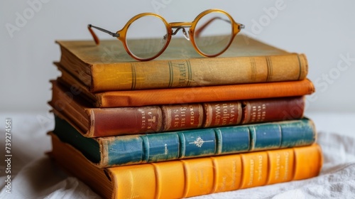 World Book Day concept. A stack of books on a white background. Glasses atop the top book. Holder with the letter name. photo