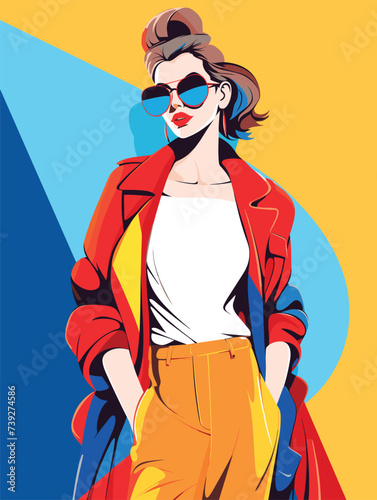 Fashionable woman wearing stylish trendy outfits. Modern young pretty woman models portraits, posing in casual urban apparel, clothes. Flat vector illustration © PixelDreamer