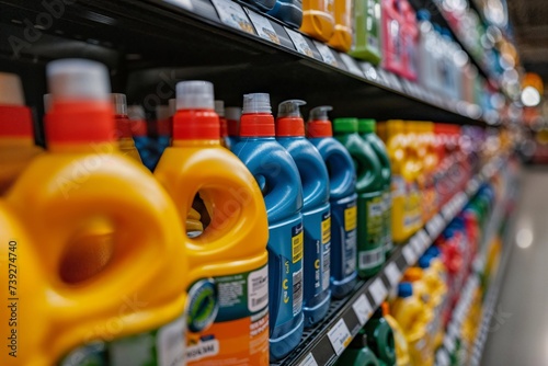 Colorful Laundry Detergent Bottles on Supermarket Shelves photo