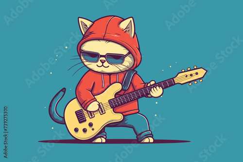 cute cat playing guitar flat design vector illustration