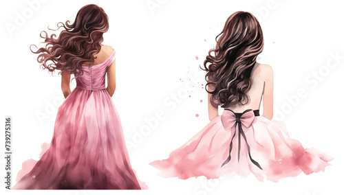Watercolor woman with loose hair in a pink dress back view Valentines day illustration