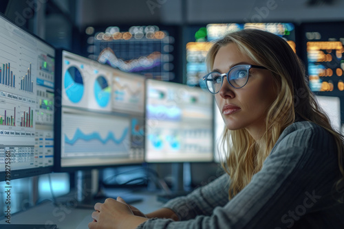 a female data analyst looking at a bunch of data visualisation and various type of graphs on three computer screens