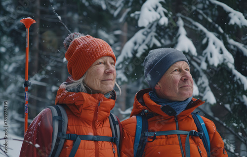 a middleaged couple walking on snow skis together in a forest
