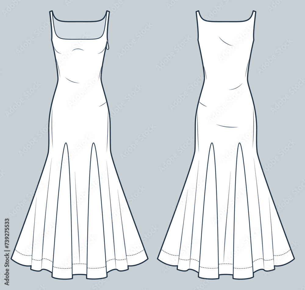 Godet Maxi Dress technical fashion illustration. Square neck Dress fashion flat technical drawing template, slim fit, side zipper, flare bottom, front and back view, white, women CAD mockup. Godet Maxi Dress technical fashion illustration. Square neck Dress fashion flat technical drawing template, slim fit, side zipper, flare bottom, front and back view, white, women CAD mockup.