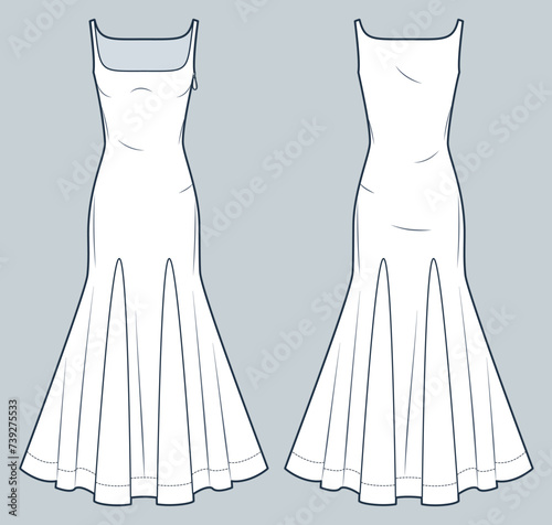 Godet Maxi Dress technical fashion illustration. Square neck Dress fashion flat technical drawing template, slim fit, side zipper, flare bottom, front and back view, white, women CAD mockup.