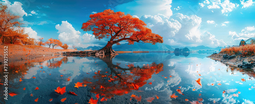 an orange tree reflected in a lake with a blue sky