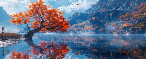 an orange tree reflected in a lake with a blue sky