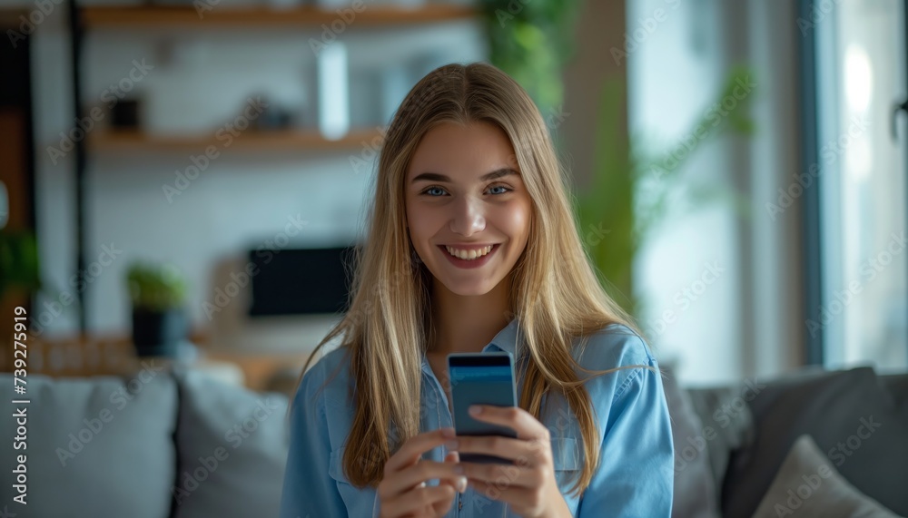 Smiling Young Woman Holding Credit Card and Smartphone in Modern Living Room Smiling Young Woman Holding Credit Card and Smartphone in Modern Living Room