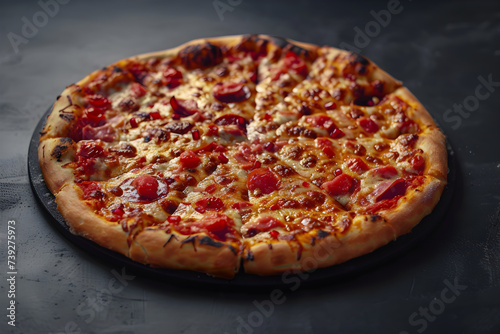 pizza with salami and cheese on a wooden table. Italian cuisine, main dish. Hot and freshly baked. Minimalistic, copy space.