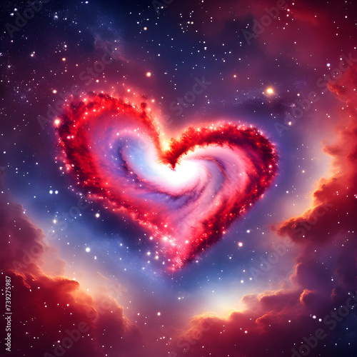 Red heart in space with stars and nebula. Valentine s day background