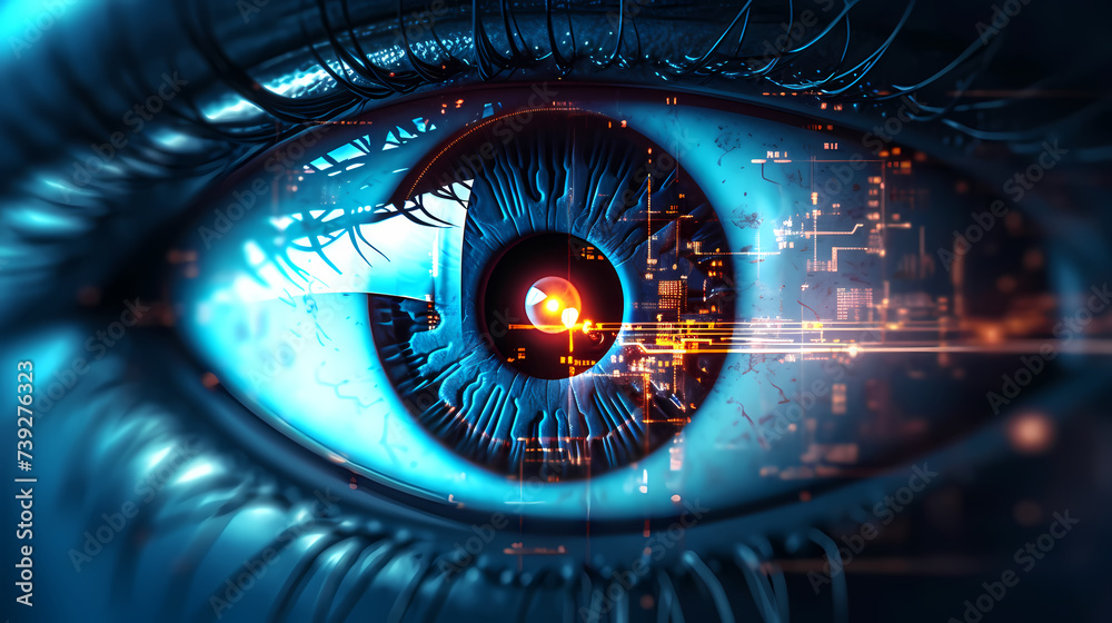 Human eye close-up, human eye close-up with virtual hologram elements