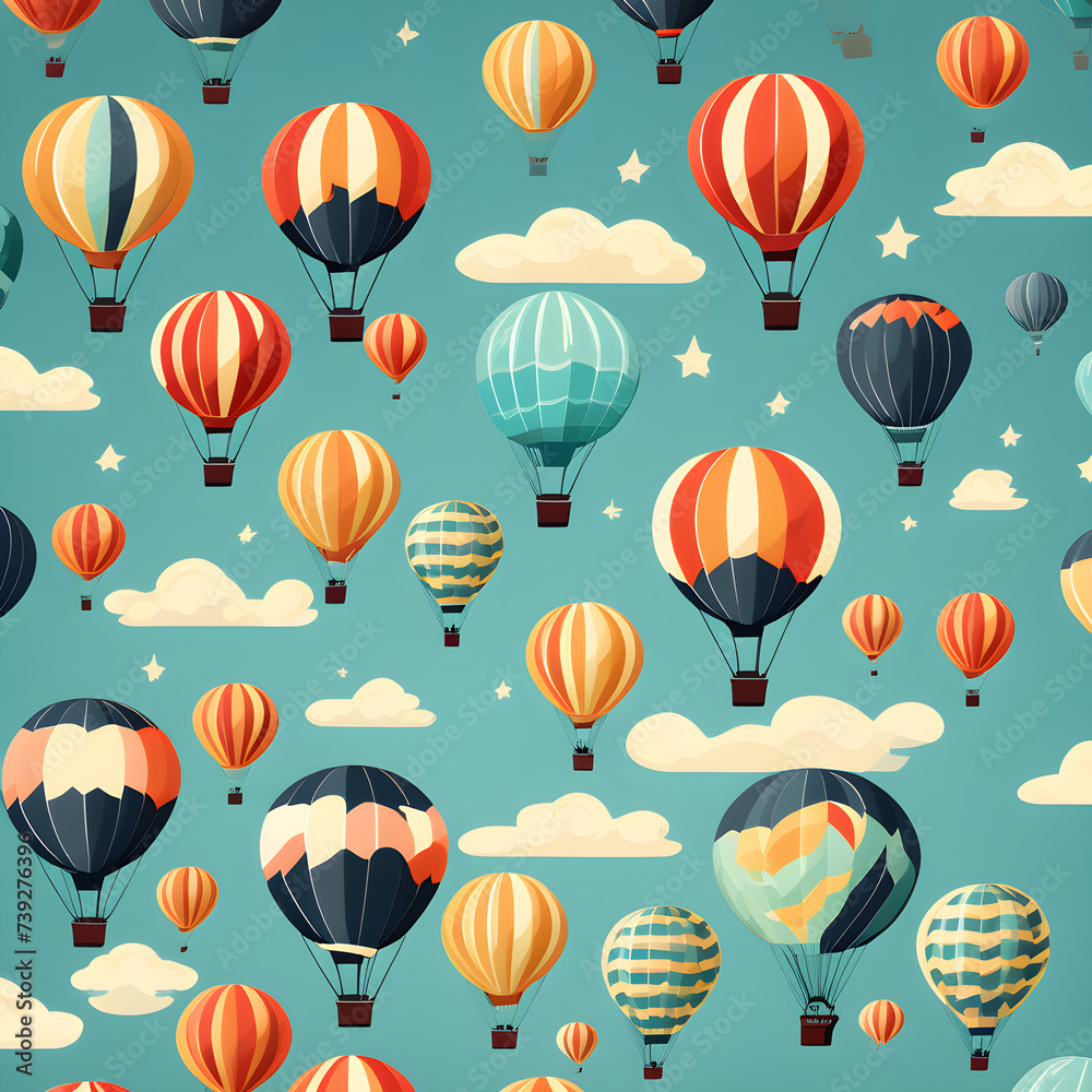 pattern with hot air balloons and clouds.  illustration.