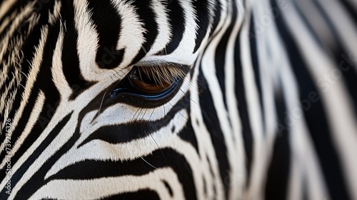 Close-up of a zebra's stripes, part of the herd visible in soft focus, intricate patterns and textures, emphasizing the beauty and detail of African wildlife, P