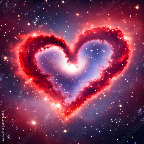 Red heart in space with stars and nebula. Valentine s day background