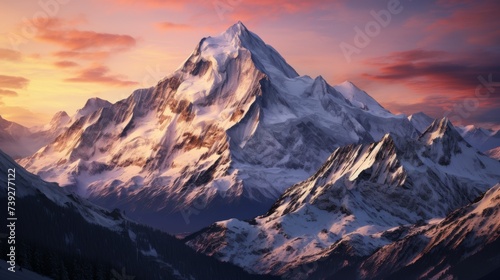 An alpine mountain chain at sunset, the sky painted in hues of pink and orange, the snow-capped peaks glowing softly, the air clear and crisp, Photography, tele © ProVector