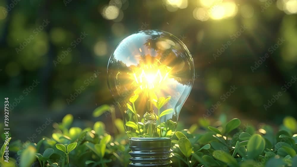 Bulb green energy concept. Growth plant with eco light nature technology. Renewable resources, electricity power idea 