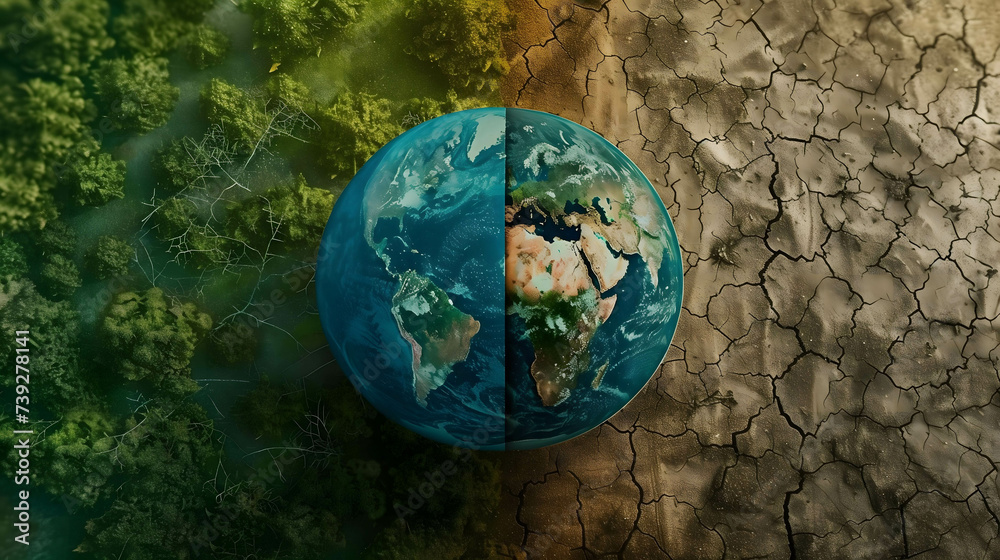 two part of globe earth, beautiful green world on the left side and dry world on the right side, caring for the environment and the world concept two part of globe earth, beautiful green world on the left side and dry world on the right side, caring for the environment and the world concept