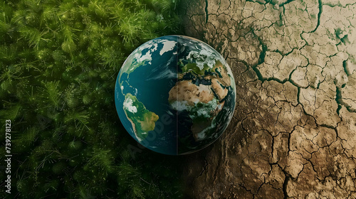 two part of globe earth, beautiful green world on the left side and dry world on the right side, caring for the environment and the world concept