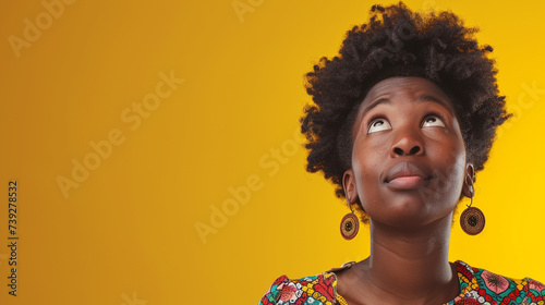 Curious and Wonder-filled Central African Woman, Isolated on Solid Background - Copy Space Included photo