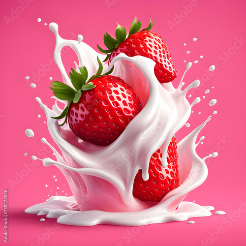 Milk splash with fresh strawberries isolated on pink background. 3d illustration