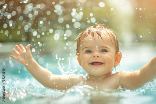 Happy baby playing in swimming pool during summer vacation © Kien