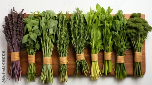 An assortment of fresh and dried herbs, including rosemary, thyme, and mint, laid out on a white background, highlighting their natural beauty and aroma, Herb v