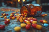 Assorted tablets, colorful pills are scattered on a wooden table from a jar
