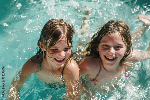 Happy girls playing in swimming pool during summer vacation