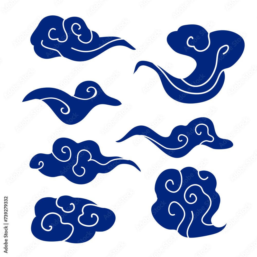 Traditional cloud sticker, blue chinese design clipart vector set